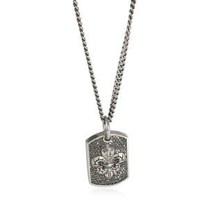 King Baby Pave Black Diamond Fleur-de-Lis Relic Dog Tag Pendant in Silver